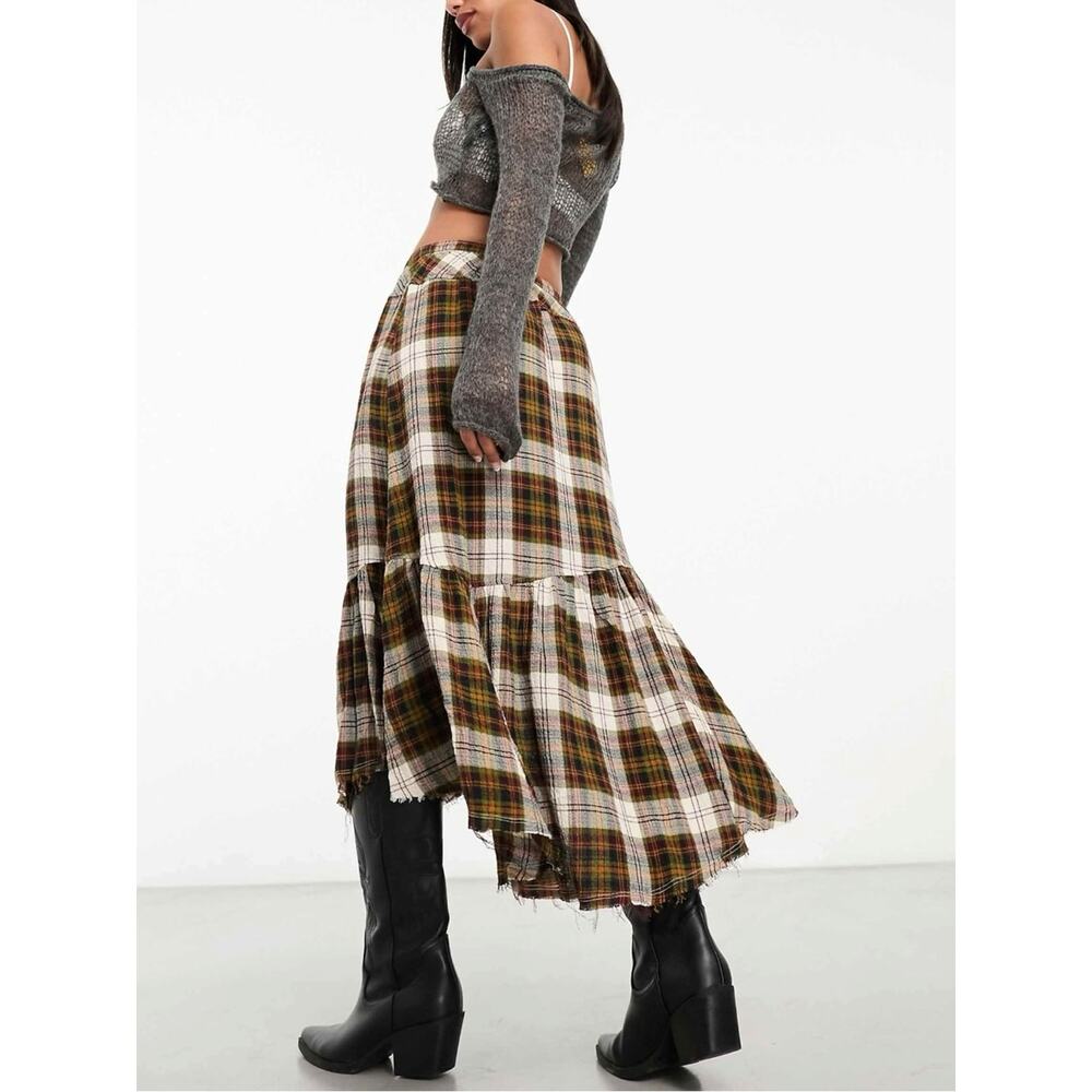 Free People Grunge 90s Asymmetrical Distressed Plaid Marcelline Maxi Skirt Small - Picture 7 of 16